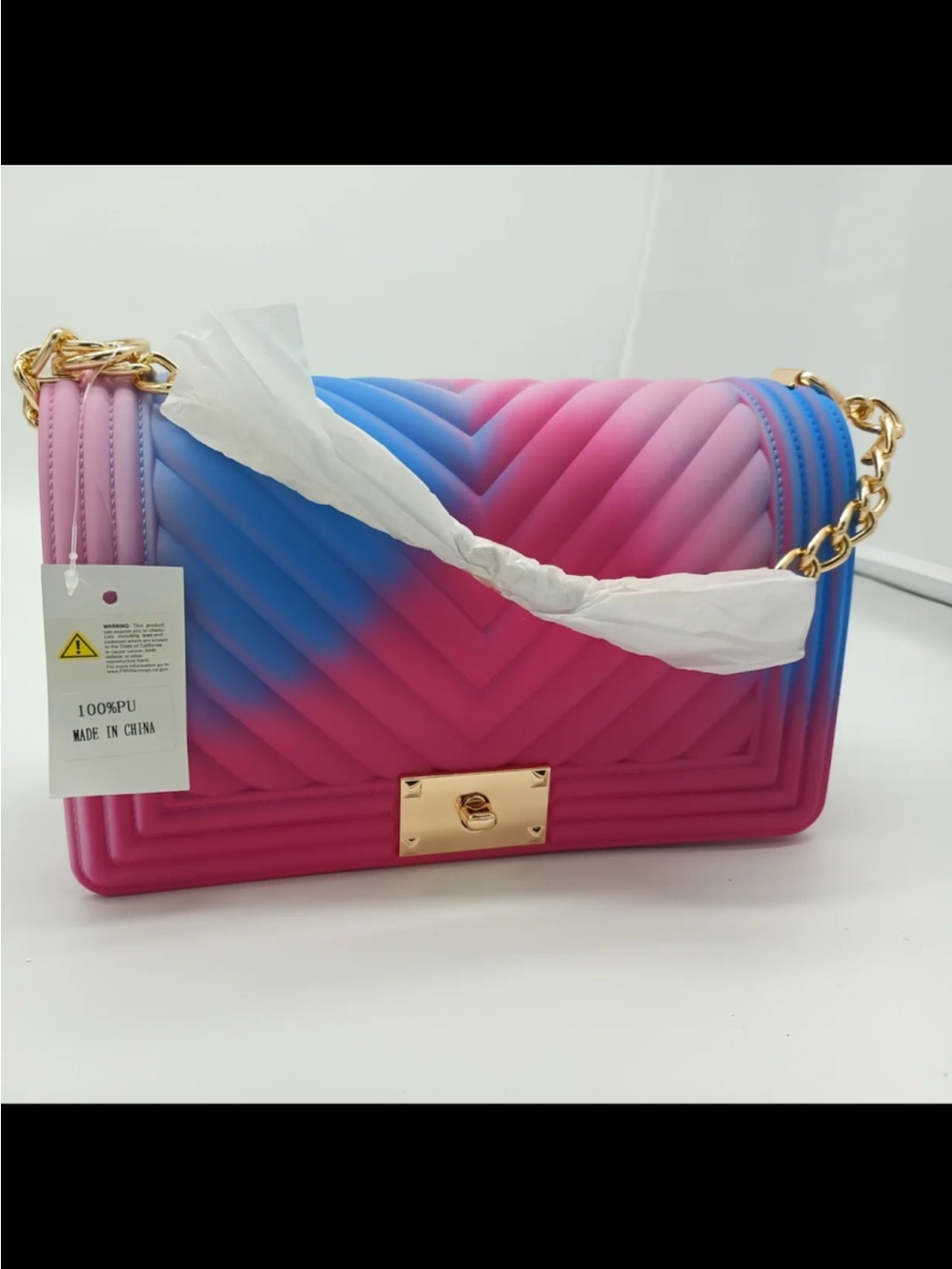 Pink and Blue Ombre Quilted Crossbody Bag - Gold Chain